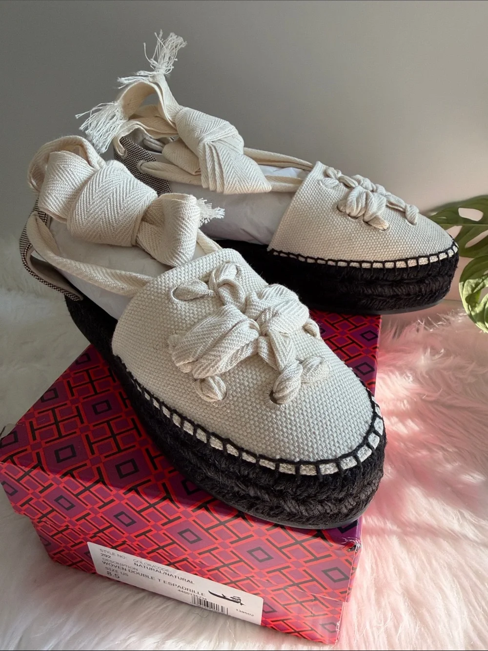 Tory Burch Black/Natural Ankle Wrap Woven Double T Espadrille